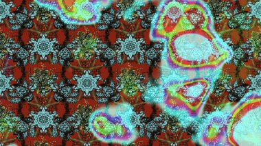 Raster illüstrasyonu. Eski usul. Renkli desenli eskiz deseni, mavi ve kahverengi çiçekler ve dekoratif elementler. Eskiz geçmişi. Kumaş, tekstil ve duvar kağıdı baskısı için..