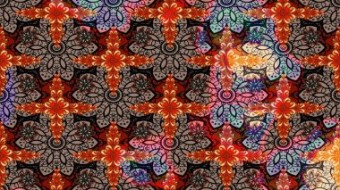 Raster illüstrasyonu. Asya tekstil tarzında. Raster illüstrasyonu. Çiçek desenli çizim. Bej ve kahverengi renkte çiçekler.