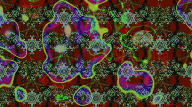 Patlayan çiçekler soyut olarak yerleştirilmiş. Raster deseni. Raster illüstrasyonu. Kibar, bahar çiçekleri yeşil ve kırmızı renklerde.