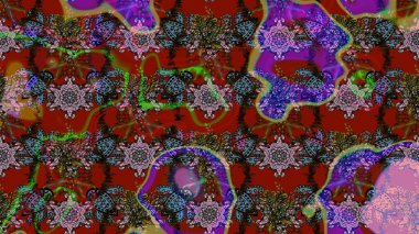 Kırmızı ve kahverengi renkte çiçekler. Raster illüstrasyonu. Asya tekstil tarzında. Çiçek desenli çizim. Raster illüstrasyonu.