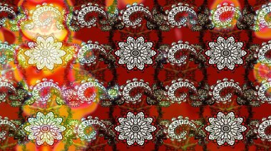 Modern çiçek arkaplanı. Halk tarzı. Moda baskıları için zarif bir şablon. Parlak renkli çiçekleri olan ve kahverengi ve kırmızı renkte yaprakları olan inanılmaz bir çiçek deseni..