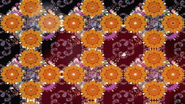 Renkli Bahar Teması eskiz kalıbı. Turuncu renkli çiçekler. Raster illüstrasyonu. Düz Çiçek Elementleri Tasarımı. Çiçek desenli çizim. Asya tekstil tarzında.