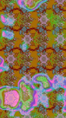 Çiçek buketleriyle klasik bir eskiz şekli. Raster illüstrasyonu. Yeşil, kahverengi ve mavi renklerde.