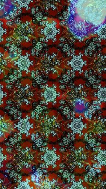 Çocuksu tasarım. Elle çizilmiş çiçek desenli Raster çizimi. Kahverengi ve kırmızı arka planda. Tekstil, kumaş, ambalaj, hatıra defteri için güzel çiçek arkaplanı..