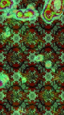 Raster illüstrasyonu. Yeşil ve kahverengi kıvırcık çiçekler yeşil ve kahverengi renklerde şekillenirler. Klasik çiçek tasarım elementleri.