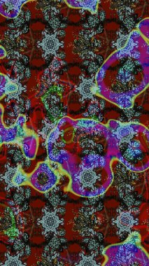 Çok kahverengi ve kırmızı zarif küçük çiçekler ve kahverengi ve kırmızı renkli komik böcekler, raster desen, illüstrasyon.