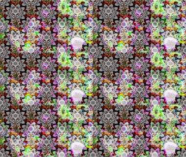 Raster illüstrasyonu. Suluboya çiçekli çiçek deseni. Gri renkli Asya tekstili.