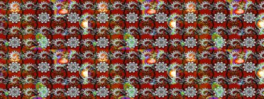 El çizimi çiçek çizimi deseni (fayans). Şirin çiçekli, desenli, kırmızı ve gri renkli bir eskiz deseni. Tekstil için suluboya çizim deseni.