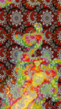 Gri ve kırmızı renkte etnik çiçekli zarif eskiz deseni. Asya Tekstil 'inde Raster Çiçek İllüstrasyonu.