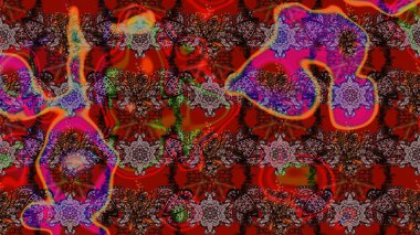 Patlayan çiçekler soyut olarak yerleştirilmiş. Raster deseni. Raster illüstrasyonu. Nazikçe, bahar çiçekleri kahverengi ve kırmızı renklerde.