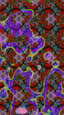 Raster - stok. Eskiz arkaplan modeli. Yapraklı çiçekler ve papatya çiçekleri kahverengi, kırmızı ve mavi renklerde.