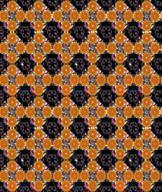 Raster illüstrasyonu. Raster illüstrasyonu. Çiçek desenli çizim. Asya tekstil tarzında. Siyah renkte çiçekler.