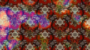 Hint süsü. Çiçek duvar kağıdı. Kahverengi ve kırmızı renklerde. Raster illüstrasyonu. Renkli süs kenarı. Çizim deseni.