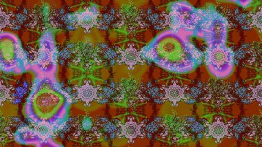 Raster deseni. Raster illüstrasyonu. Patlayan çiçekler soyut olarak yerleştirilmiş. Kahverengi ve yeşil renklerde bahar çiçekleri..