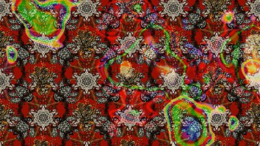 Çocuksu tasarım. Kahverengi ve kırmızı arka planda. Elle çizilmiş çiçek desenli Raster çizimi. Tekstil, kumaş, ambalaj, hatıra defteri için güzel çiçek arkaplanı..