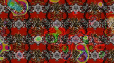 Raster illüstrasyonu. Kıvırcık, parlak örgü. Desen, çizim, çiçek sınırı. Eski moda arka plan. Güzel, parlak, pürüzsüz kumaş, tuval. Çiçeklerin çelengi.