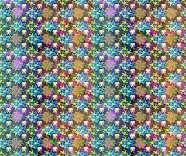 Elle boyanmış suluboya resim çizimleri, çiçekler ve bitkiler. Mavi ve yeşil renkte çiçekler.