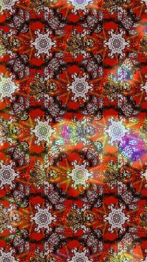 Kumaş, tekstil, duvar kağıdı baskısı için. Eskiz geçmişi. Renkli desenli eskiz deseni, çiçekler ve dekoratif elementlerle. Eski usul. Raster illüstrasyonu.