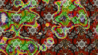 Moda baskıları için zarif bir şablon. Parlak renkli çiçekleri olan ve kahverengi ve yeşil renkli yaprakları olan harika bir çiçek deseni. Modern çiçek arkaplanı. Halk stili.