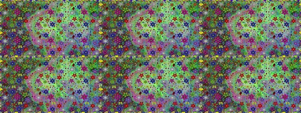 Raster illüstrasyonunda kusursuz çiçek deseni. Suluboya tarzında yeşil ve mavi renkte çiçekler.