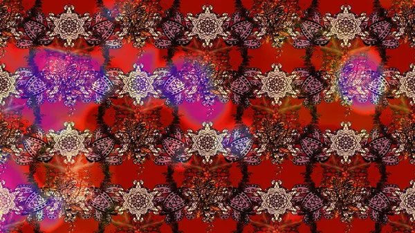 Kahverengi ve kırmızı renklerde. Çizim kalıbı. Hint süsü. Çiçek duvar kağıdı. Raster illüstrasyonu. Renkli süs kenarı.