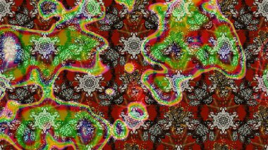 Moda baskıları için zarif bir şablon. Parlak renkli çiçekleri olan ve kahverengi ve yeşil renkli yaprakları olan harika bir çiçek deseni. Modern çiçek arkaplanı. Halk stili.