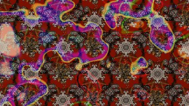 Elle çizilmiş çiçek desenli Raster çizimi. Tekstil, kumaş, ambalaj, hatıra defteri için hoş bir çiçek arkaplanı. Çocuksu tasarım. Kahverengi ve kırmızı arkaplanda.