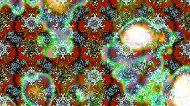 Renkli desenli eskiz deseni, yeşil ve kahverengi çiçekler ve dekoratif elementler. Kumaş, tekstil, duvar kağıdı baskısı için. Eski usul. Raster illüstrasyonu. Taslak arkaplan.