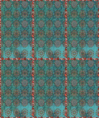 Raster illüstrasyonu. Eski usul. Kumaş, tekstil, duvar kağıdı baskısı için. Renkli desenli, mavi ve yeşil çiçekli ve dekoratif elementli kusursuz desen. Kusursuz arkaplan.