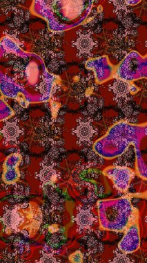 Raster illüstrasyonu. Moda baskısı, albüm, ambalaj kağıdı ve duvar kağıdı için zarif dekoratif süslemeler. Kahverengi, kırmızı ve pembe renklerde şirin çiçekler. Küçük çiçekli basit bir çiçek çizimi..