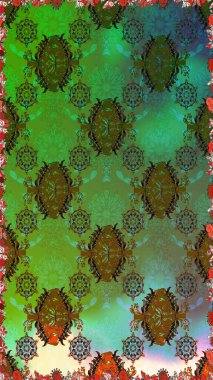 Raster illüstrasyonu. Çiçeksiz desenli arka plan, darbeler, sıçramalar, yaz çiçekleri. Yeşil ve kahverengi renkte çiçekler.