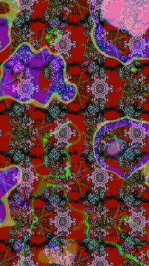 Kırmızı ve kahverengi arka planda. Tekstil, kumaş, ambalaj, hatıra defteri için hoş bir çiçek arkaplanı. Elle çizilmiş çiçek desenli Raster çizimi. Çocuksu tasarım.