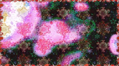 Raster illüstrasyonu. Kıvırcık, parlak örgü. Şablon, pürüzsüz, çiçekli kenar. Eski moda arka plan. Çiçek çelengi. Güzel, pürüzsüz kumaş, tuval..