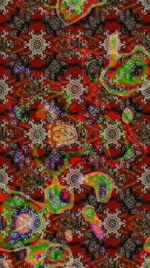 Kabile sanatı boho baskısı, klasik çiçek arkaplanı. Arkaplan dokusu, duvar kağıdı, kahverengi ve kırmızı renkli çiçek teması. Soyut etnik raster çizim kalıbı.