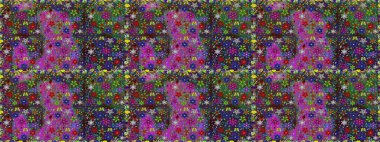 Raster illüstrasyonu. Çiçekli karalama şeklinde Raster çiçek deseni. Yumuşak, bahar çiçekleri mor ve yeşil renklerde.