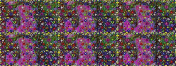 Raster illüstrasyonu. Çiçekli karalama şeklinde Raster çiçek deseni. Yumuşak, bahar çiçekleri mor ve yeşil renklerde.