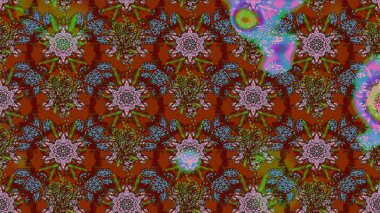 Arkaplan dokusu, duvar kağıdı, kahverengi ve yeşil renkli çiçek teması. Kabile sanatı boho baskısı, klasik çiçek arkaplanı. Soyut etnik raster çizim kalıbı.
