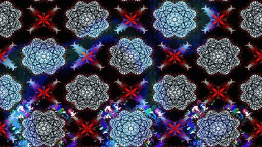 Çok renkli, zarif küçük çiçekler ve siyah renkli komik böcekler, raster desen, illüstrasyon..