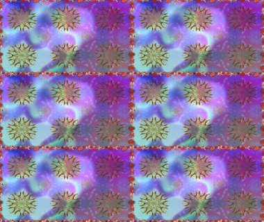 Mor ve mavi zarif küçük çiçekler ve menekşe ve mavi renklerdeki komik böcekler, raster desen, illüstrasyon.