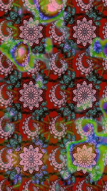 Raster illüstrasyonu. Şirin çiçekli eskiz deseni ve kahverengi ve yeşil renkli yapraklar, suluboya çiçek deseni, duvar kağıdı, kart veya kumaş için fayanslı.