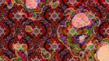 Raster Güzel kumaş deseni. Raster suluboya deseni, narin çiçekler, kahverengi ve kırmızı çiçekler, tebrik kartı şablonu..