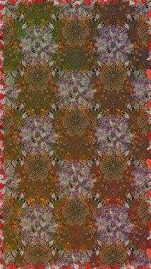 Raster illüstrasyonu. Kahverengi renkli Asya tekstili. Çiçeklerle suluboya desenleri.