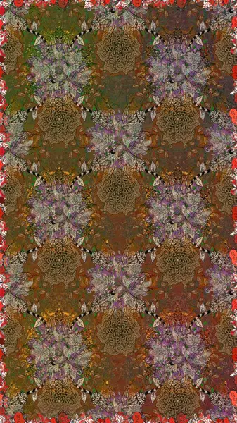 Raster illüstrasyonu. Kahverengi renkli Asya tekstili. Çiçeklerle suluboya desenleri.