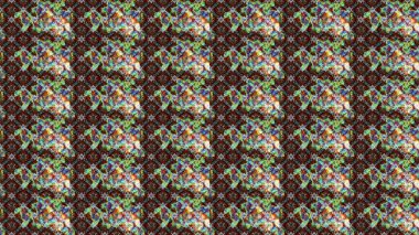 Renkli Bahar Teması eskiz kalıbı. Raster Modaya uygun kumaş deseni. Düz Çiçek Elementleri Tasarımı. Yeşil, kahverengi ve gri renkli şirin çiçek deseni.