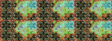 Kusursuz ortaçağ çiçek deseni. Dekoratif simetri arabesk. Yeşil renkte altın. Raster illüstrasyonu. Doğum günü, davetiye ya da afiş için tebrik kartı.