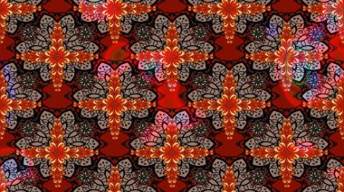 Tekstil, kumaş, kapaklar, duvar kağıtları, baskı, naylon, koleksiyon defteri, örgü, dekupaj için güzel bir eskiz. Millefleur 'lar. Küçük kırmızı ve kahverengi renkte güzel bir besin torbası deseni, çiçekler..