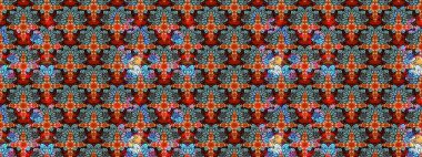 Çiçek deseni. Mavi ve kırmızı renkte çiçek çizimi. Şatafatlı bahar bahçesi dokusu. Raster illüstrasyonu. Mavi ve kırmızı renkte çiçekler.