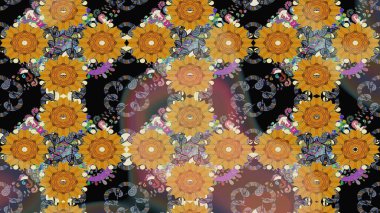 Raster Floral Illustration, Asyalı tekstil. Kahverengi renkli etnik çiçeklerle zarif bir eskiz deseni..