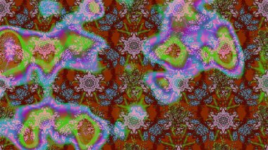 Raster düz çiçek çizim deseni. Hediye ambalaj kağıdı, tebrik kartları, posterler ve pankart tasarımı. Kahverengi ve yeşil renkte çiçekler.