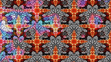 Hint süsü. Çizim kalıbı. Renkli süs kenarı. Gri ve siyah renklerde. Çiçek duvar kağıdı. Raster illüstrasyonu.